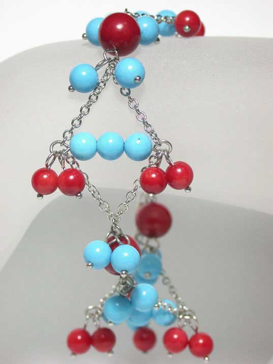 jfb0076 Round Blue Turquoise Red Coral Bracelet Bangle