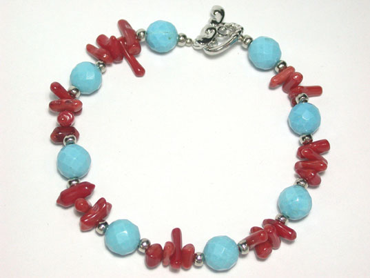 jfb0113 Round Blue Turquoise Red Coral Bracelet Bangle
