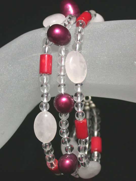 jfb0114 Rose Quartz Coral Pearl Bracelet Bangle 3 Str