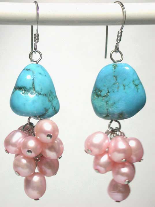 jfe0091 Turquoise Pink FW Pearl 925 Silver Hook Earring