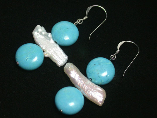 jfe0134 Turquoise Cream Pearl 925 Silver Hook Earrings
