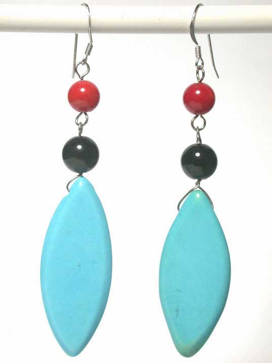 jfe0192 Red Coral Turquoise 925 Silver Hook Earrings