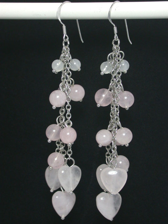 jfe0225 Cute Heart Roze Quartz 925 Silver Hook Earrings