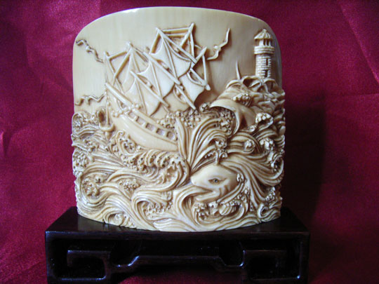 kka0330 Mammoth Ivory Carving Travel on Ship
