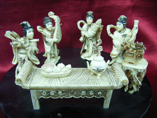 kkm3206 Mammoth Ivory Netsuke 4 Chinese Lady Music 1 Set
