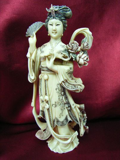 kkm3226 Mammoth Ivory Carving Chinese Lady Fan Flower 6"