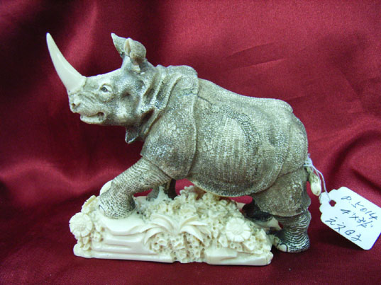 kkm3259 Mammoth Ivory Carving Brown Rhino 4"