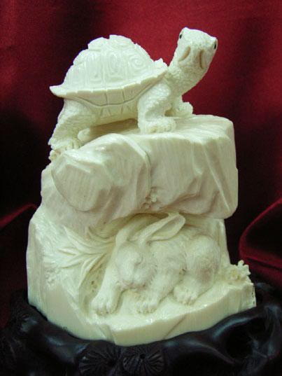 kkm3270 Mammoth Ivory Carving Rabbit Turtle 3.5"