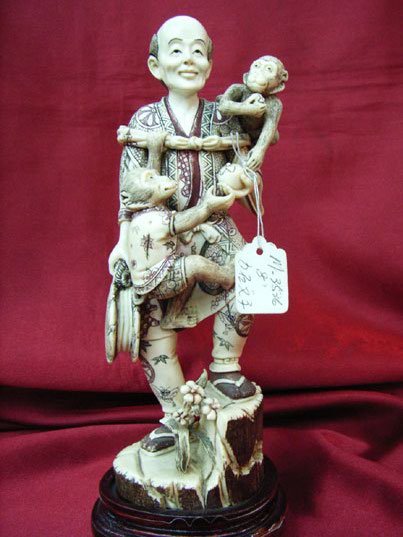 kkm3324 Mammoth Ivory Carving Chinese Man With Monkies