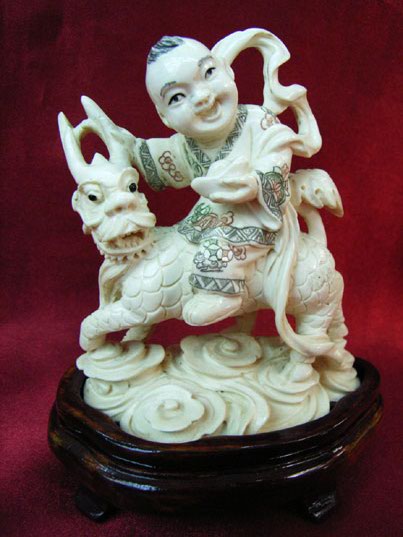 kkm3328 Mammoth Ivory Carving Boy Ride Kirin