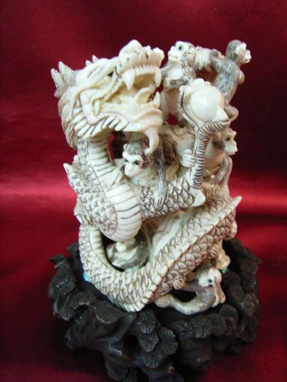 kkm3347 Mammoth Ivory Carving Monkey Dragon