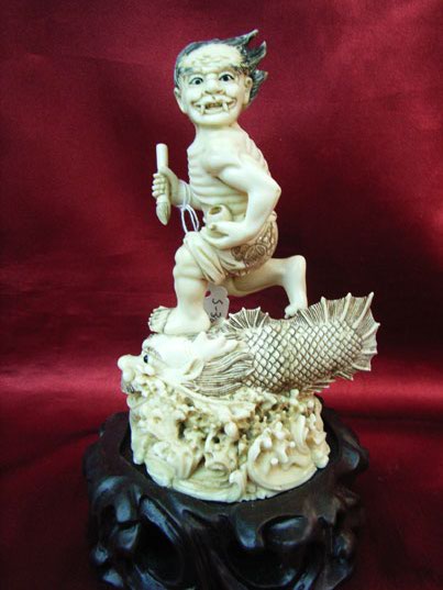kkm3348 Mammoth Ivory Carving Demon on Dragon Fish
