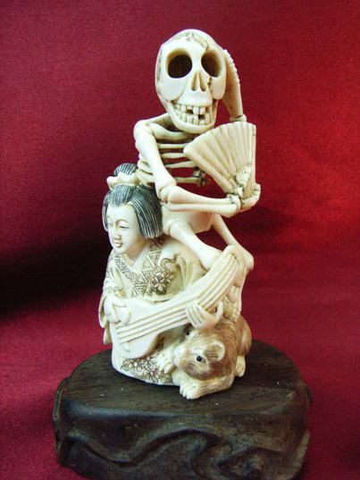 kkm3385 Mammoth Ivory Carving Skeleton Woman Cat 3.5"