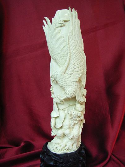 kkm3403 Mammoth Ivory Carving Eagle Falcon Catch Bear 13"