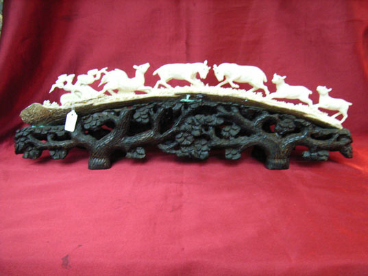 kkm3425 Mammoth Ivory Carving Deer Bridge Tusk 17.5"