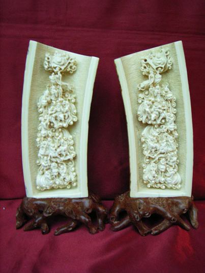 kkm3468 Mammoth Ivory Carving 18 Luo Han Ride Animal Pair