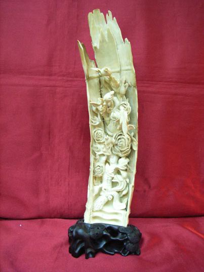 kkm3469 Mammoth Ivory Carving Bamboo Flower Butterfly 12"