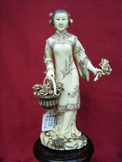 kkm3475 Mammoth Ivory Carving Ching Dynasty Lady Flower 6.5"