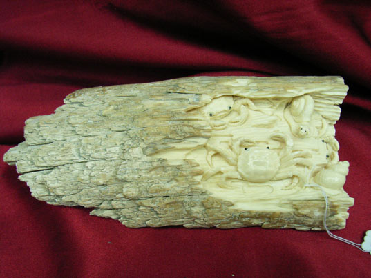 kkm3480 Mammoth Ivory Carving Bridge Crab & Snail 8"