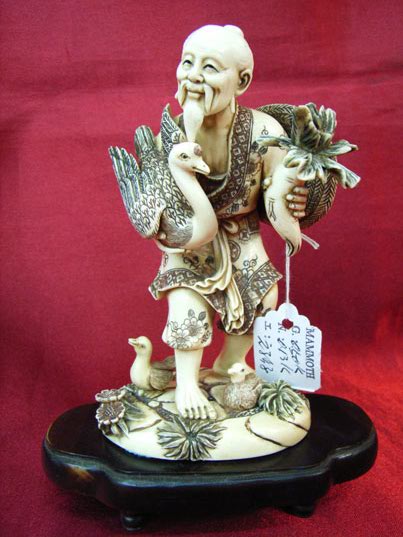 kkm3494 Mammoth Ivory Carving Farmer Old Man With Duck