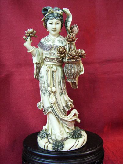 kkm3496 Mammoth Ivory Carving Chinese Flower Lady 7"