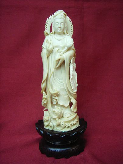 kkm3533 Mammoth Ivory Carving White Kwan Yin Goddess 7"