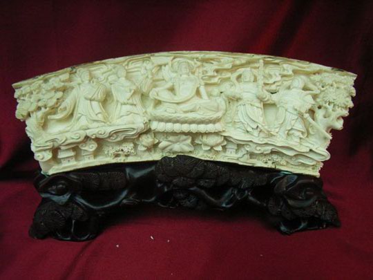 kkm3551 Mammoth Ivory Carving Buddha Lady & Warrior 13"
