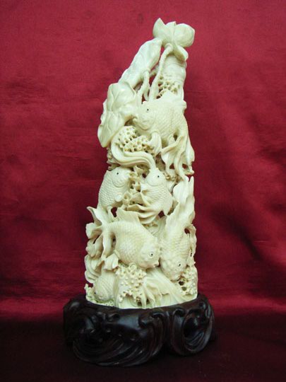 kkm3581 Mammoth Tusk Carving Gold Fish Group Big 13"