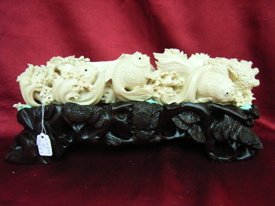 kkm3583 Mammoth Ivory Tusk Carving Gold Fish Bridge 10"