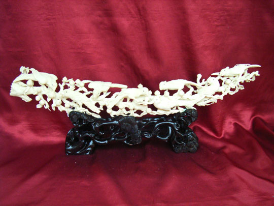 kkm3584 Mammoth Ivory Tusk Carving Parrot Bridge 21"