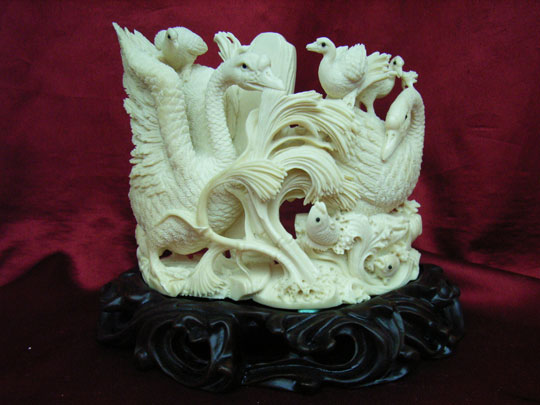 kkm3585 Mammoth Ivory Tusk Carving Swan Family