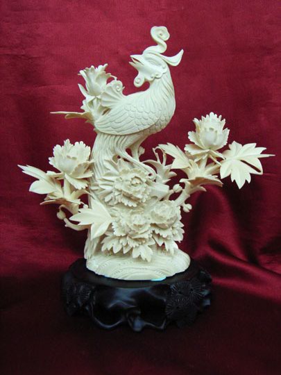 kkm3586 Mammoth Ivory Tusk Carving Phoenix Poeny 7"