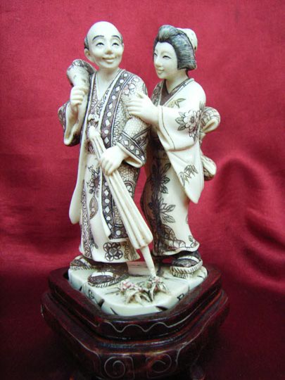 kkm3589 Mammoth Ivory Carving Japanese Couple Love