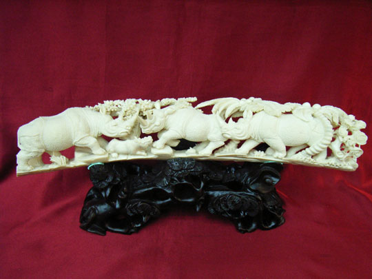 kkm3603 Mammoth Ivory Carving 4 Rihno Bridge 15"