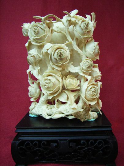kkm3608 Mammoth Tusk Carving Flower Butterfly Moon