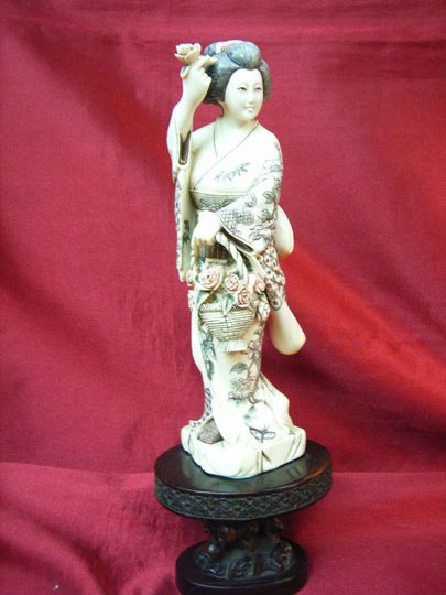 kkm3609 Mammoth Ivory Carving Japanese Lady Geisha