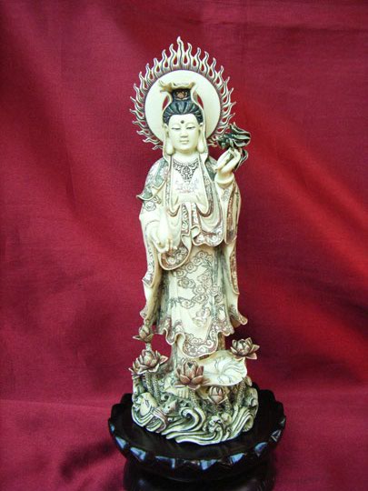 kkm3611 Mammoth Ivory Carving KwanYin Goddess Lotus