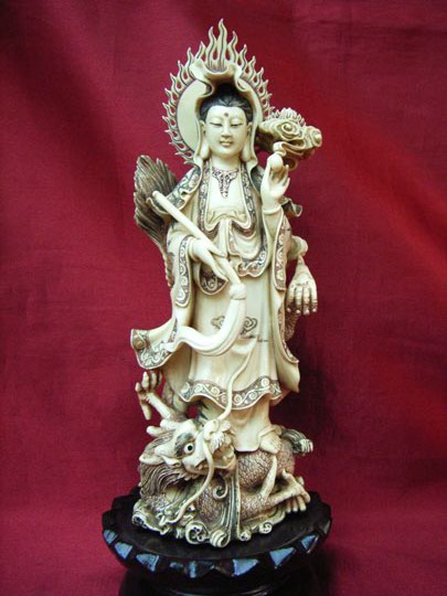 kkm3613 Mammoth Ivory Carving KwanYin Dragon 8"