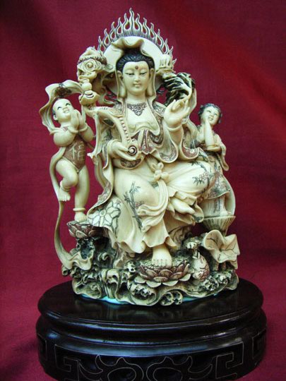 kkm3614 Mammoth Ivory Carving KwanYin Boy & Girl
