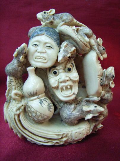 kkm3618 Mammoth Ivory Carving Mask Mouse Group