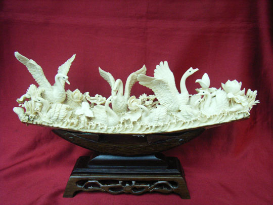 kkm3626 Magnificent Mammoth Ivory Carving Swan Tusk Bridge 15"