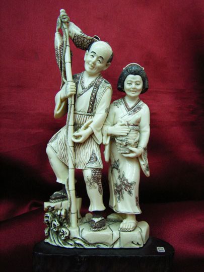 kkm3630 Mammoth Ivory Carving Fishman Couple