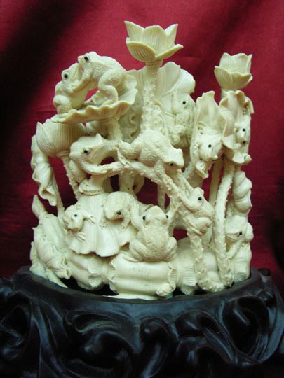 kkm3639 Mammoth Ivory Carving frong on Lotus