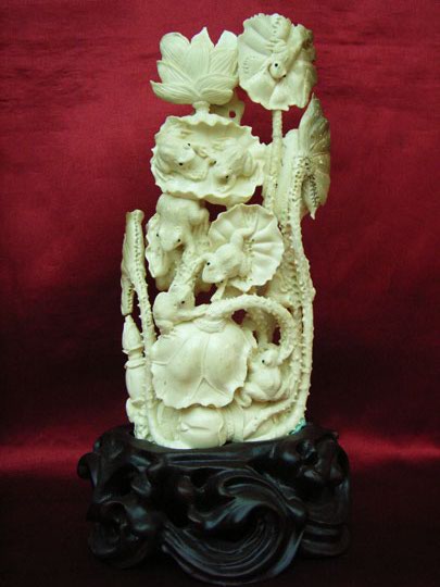 kkm3643 Mammoth Ivory Carving Frog on Lotus 8"