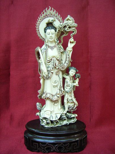 kkm3650 Mammoth Ivory Carving Kwan Yin Goddess Girl 7-3/4"