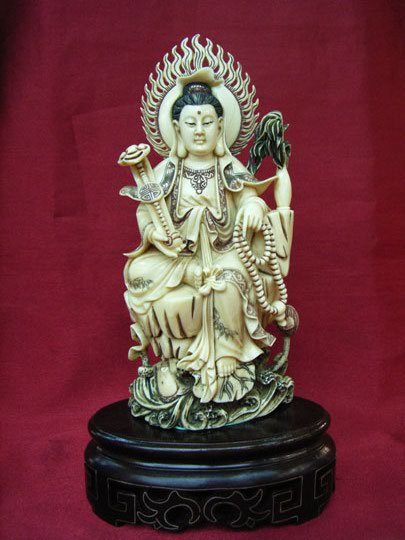 kkm3653 Mammoth Ivory Carving Kwan Yin Goddess Buddha Beads 6.5"