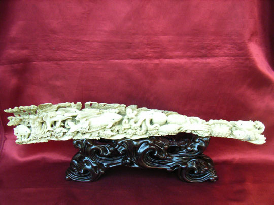 kkm3672 Big Mammoth Ivory Carving Octopus Shark Fish Bridge 23"
