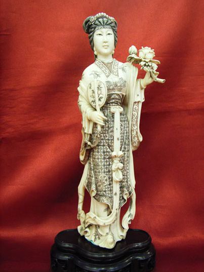 kkm3695 Mammoth Ivory Carving Belle Lady Flower Fan 8.25"