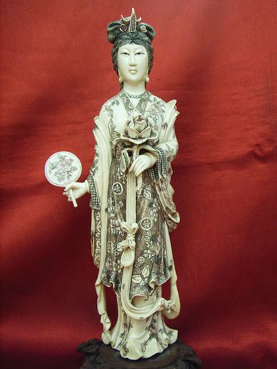 kkm3696 Mammoth Ivory Carving Belle Lady Flower Fan 8-1/2"