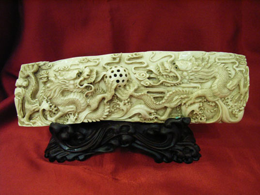 kkm3720 Mammoth Ivory Carving 2 Dragon Plate 10"